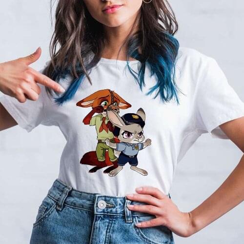 Disney Tshirt Zootopia Cartoon Rabbit Judy Fox Nick Print Loose T-shirt Women Harajuku Fashion Kawaii Tshirts Dropship Clothing