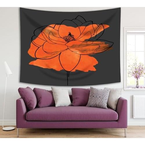 Tapestry Flower Petals Summer Bloom Sketch Nature Modern Watercolor Painting Floral Artwork Printed Orange Gray