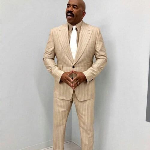 Tailored Pinstriped Mens Coat Suits Plus Size Two Button Formal Business Best Man Jacket Blazer 2 Pieces ( Jacket+Pants)