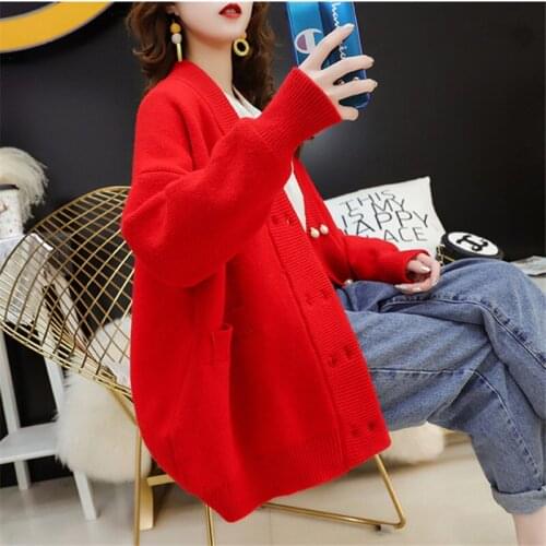 Korean Pearl Button Loose Knit Cardigan Women With Pocket Autumn Winter Pink Red Yellow Sweater Cardigan Female Knitted Jacket