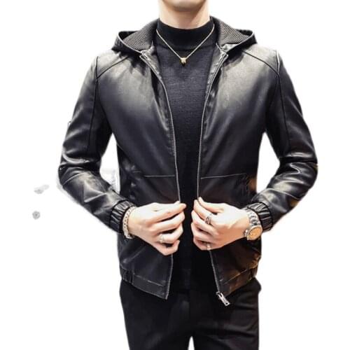 2021Autumn and winter youth mens long-sleeved slim-fit hooded motorcycle leather jacket trend all-match