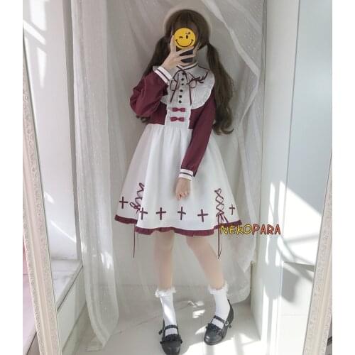 Buckhorn Cross Red & White Patchwork Sweet Girl Dress Womens Spring Long Sleeve Loose Bow Cute Lolita Dress One Piece