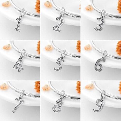 Fit Original European Charm Bracelets Silver Jewelry Authentic 925 Sterling Silver Number 0 To 9 Charms Beads for Jewelry Making