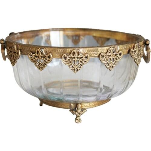 Handmade Brass with Glass Binaural Lace Fruit Plate Fruit Bowl Tray Storage Tray Slightly Luxury Decoration