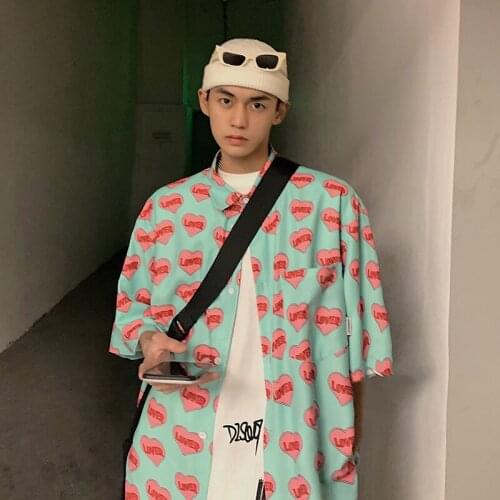 Japanese Punk Heart Print Plus Size Summer Male Man Streetwear Harajuku Tops Shirt Korean Hip Hop Club Party Blouse Vintage