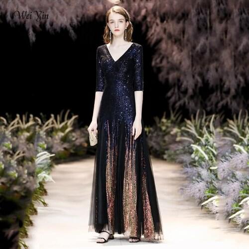 Weiyin AE0578 Navy Blue Evening Dresses Sequin V-neck Sparkle Elegant Little A-line Tulle Long Womens Formal Party Prom Gowns