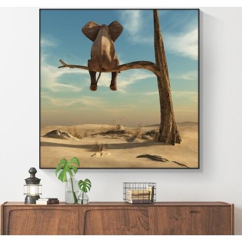 Funny Little Elephant on Tree Modern Canvas Painting Wall Art Animal Pictures Nordic Posters and Prints for Kids Room Home Decor