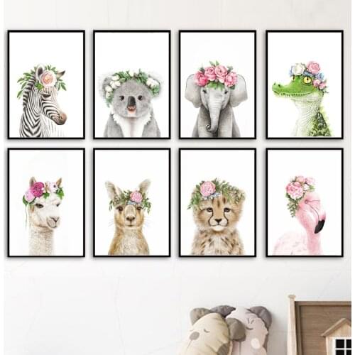 Zebra Raccoon Elephant Crocodile Flower Nursery Art Canvas Painting Nordic Posters And Prints Wall Pictures Baby Kids Room Decor
