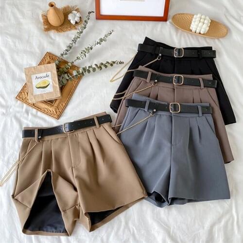 2021 High Waist Thin Womens Office Shorts Wide Legged A-Line Suit Shorts Female Korean Style Casual New Short Pants with Belt
