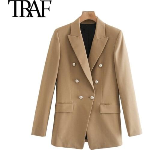 TRAF Women Fashion Office Wear Double Breasted Blazers Coat Vintage Long Sleeve Pockets Female Outerwear Chic Tops