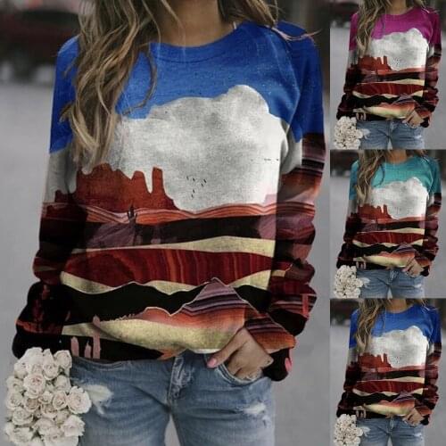 Womens Print Long-sleeved Sweatshirt Casual Blouse Pullover Mountain element printing Artistic style sweater T-shirt noel F4