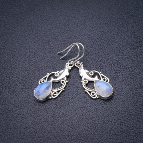 StarGems Natural Rainbow Moonstone Dolphin Handmade 925 Sterling Silver Earrings 1.5" D6552