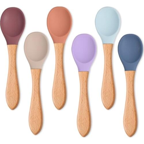 1PCS Wooden Handle Silicone Spoon For Baby Food Grade Silicone BPA Free Dishes Feeding Set Easy To Rinse Childrens Tableware
