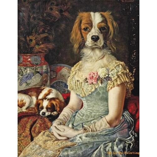 Free shipping animal cartoon dog pretty floral skirt oil painting canvas painting prints on canvas kid room decoration pictures