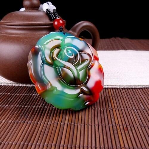 Color Jade Stone Natural Colour Jade Rose Flower Pendant Necklace Hand-carved Charm Jadeite Jewelry Fashion Gifts for Women Her