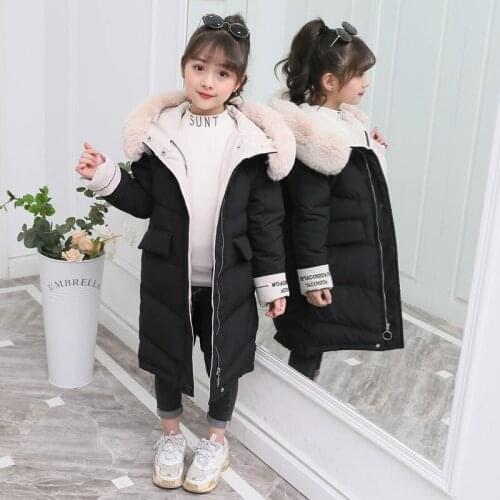 Children Girls Winter Jacket Plus Velet Girl Clothes Cotton-padded Outerwear Kids Warm Thick Fur Collar Hooded Long Down Coats