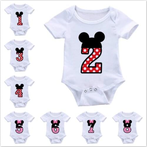 Letter Bow Cute Mickey Minnie Number 1-9 Print Baby Boy Girl Clothes Children Funny Rompers Infant Jumpsuit Ropa Bebe Playsuit