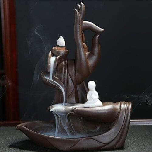 Hot Ceramic Creative Feng Shui Decorations Buddha Hand Backflow Incense Burner Desktop Ornament Incense Holder + 20pcs Incens