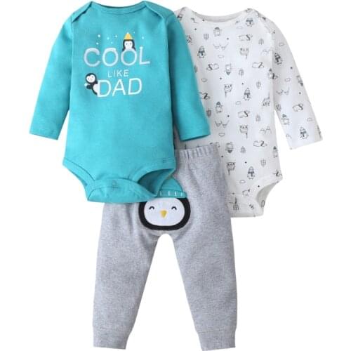 3PCS Newborn Infant Baby Boy Girl Clothes Set Cartoon Penguin Long sleeve Bodysuit+Jumpsuits+Pants 3 Pieces Bebe Clothing Outfit