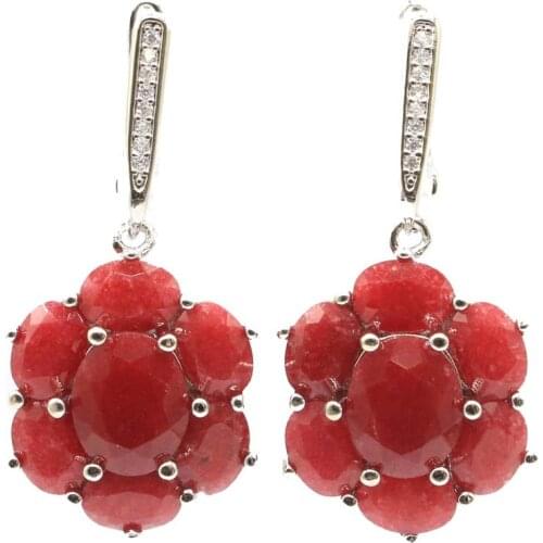 38x17mm SheCrown Jewelry Set Gorgeous Real Red Ruby White CZ Womans Fine Jewelry Silver Color Dangle Earrings Daily Wear