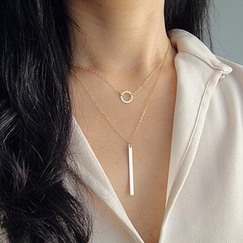 Trendy Street Round Circle Stick Pendant Necklace Women Fashion Double Layer Clavicle Sweater Chain Necklaces Jewelry