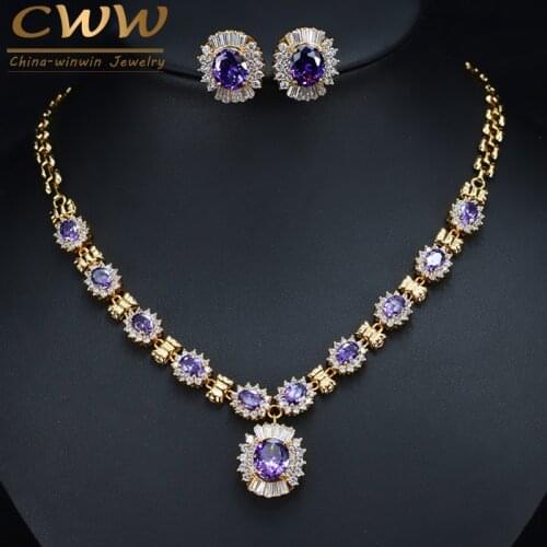 CWWZircons Brilliant Round Dangle Drop Purple Crystal Bridal Necklace And Earring Set Dubai Gold Color Wedding Jewelry T275