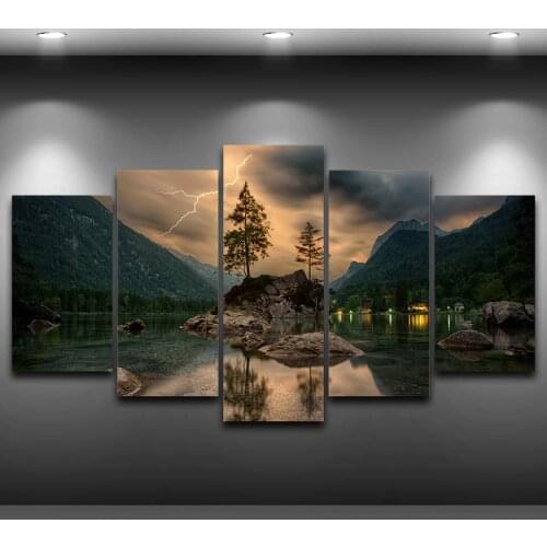 Canvas Painting Wall Art HD Printed Poster 5 Pieces Mountain Lake Lightning Landscape Pictures Home Decor Tree Room Home Decor