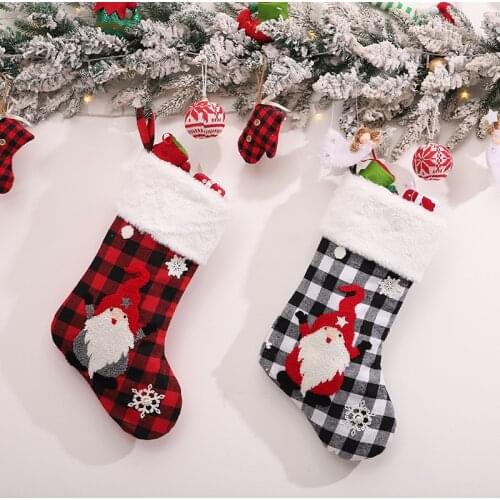 Christmas Decor Large Plaid Stocking Candy Bag Kids Gift Bag Party Home Fireplace Decor Sock Pendant
