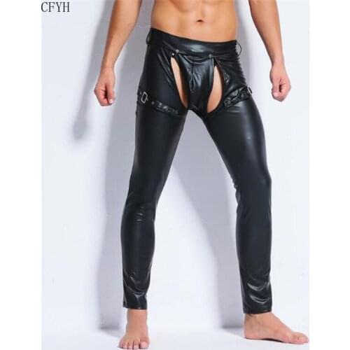 Sexy Men Skinny Faux PU Leather Pants Shiny Black Trousers Nightclub Stage Performance Singers Dancer Open Front Leather Pants