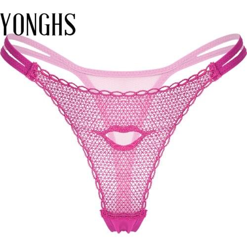 Sexy Womens See-through Thongs T-back Panties Erotic Hot Underwear Hollow Out Lip Embroidery Low Waist Lingerie Briefs