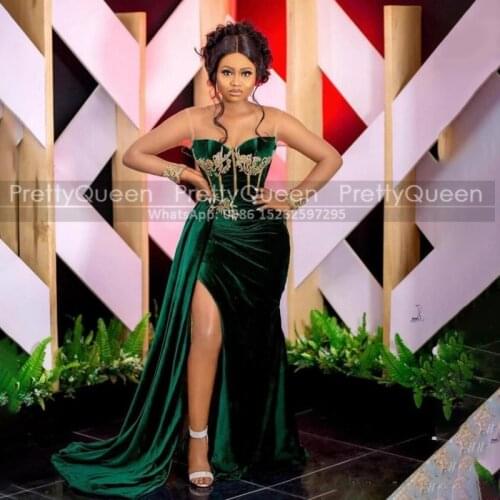 Dark Green Velvet Mermaid Prom Dresses With Gold Beads Appliques Sheer Neck High Split Long Sweep Train Prom Dress