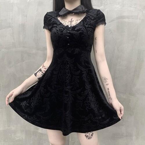 Vintage Gothic Black Lace Short Sleeve Velvet Dress Punk Women Pleated Dresses Streetwear Sexy Female Harajuku Casual Dress