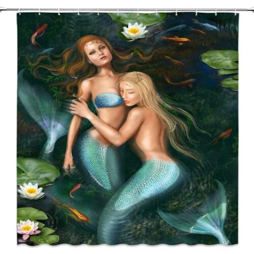 Mermaid Shower Curtain Fantasy Fairy Tale Sexy Woman Fish Scale Lotus Pond Koi Japanese Bathroom Decoration