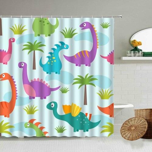 Cartoon Fun Animals Dinosaur Plants Seamless Pattern Shower Curtain Kindergarten Child Bathroom Waterproof Screen With Hook Set