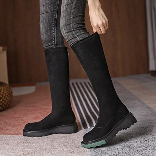 Flock Stretch botas femininas thick heels green soled chelsea boots women zipper thin legs knee-high modern botines mujer 2021
