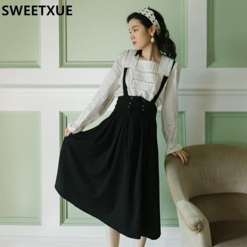 SWEETXUE French Retro Suit Trumpet Sleeve Square Neck Chiffon Lace Blouse + Strap Dress Two-Piece Set Elegant Temperament Women