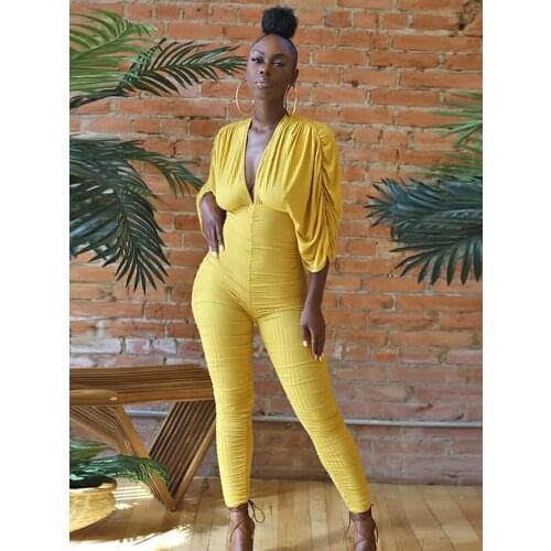 Casaul Women Jumpsuit Fitness Deep V-neck Solid Color High Street Drawstring Long Romper Women Jumpsuit Overalls