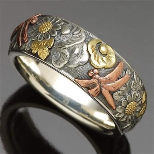 Creative Flower Dragonfly Sunflower Ring Ladies Silver Color Carved Index Finger Ring Retro Women Jewelry