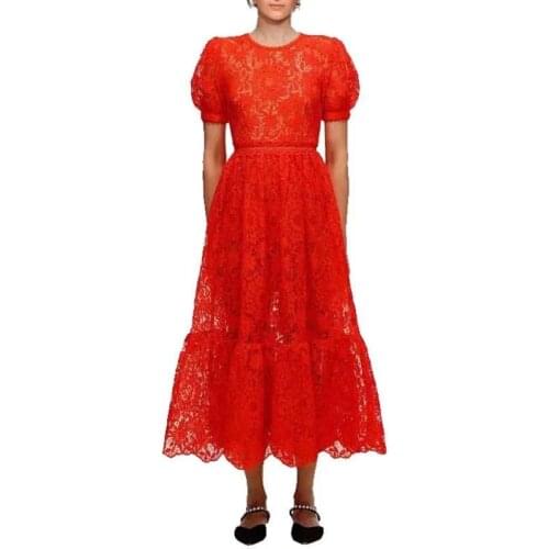Women Red Short Sleeves Long Dress