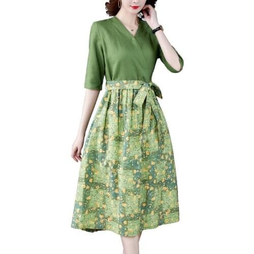 Retro Floral Linen Dress Female 2021Summer Womens Clothing Dress Hedging Section Fake Two-Piece Cotton And Linen Splicing Dress