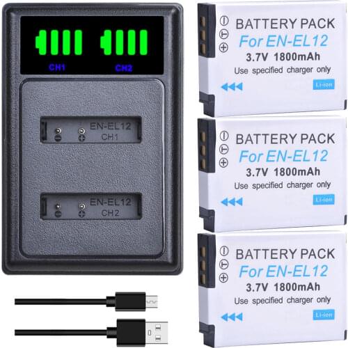 3Pcs EN-EL12 EL12 Batteries + LED USB Dual Charger with Type C Port for Nikon Coolpix S9700 S9500 S9400 S9300 S9100 S8200 S8100