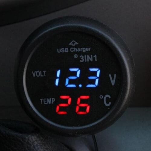3in1 Car Cigarette Socket 12V 24V LED Digital Voltmeter Thermometer USB Charger USB Output