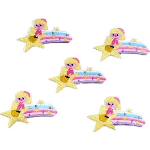 5pcs Embroidered Star Rainbow Girl Patches Iron On Cartoon Stickers DIY Sewing Jeans Backpacks Fabric Appliques Coats Badge