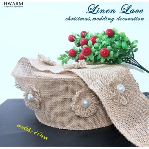 5yard 10cm christmas wedding linen lace fabric ribbon with linen bead feather flower DIY christmas decoration for home wedding