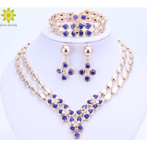 6Color Crystal Jewelry Sets For Women Necklace Earrings Bracelet Ring Gold Color Africa Dubai Party Wedding Bridal Accessories
