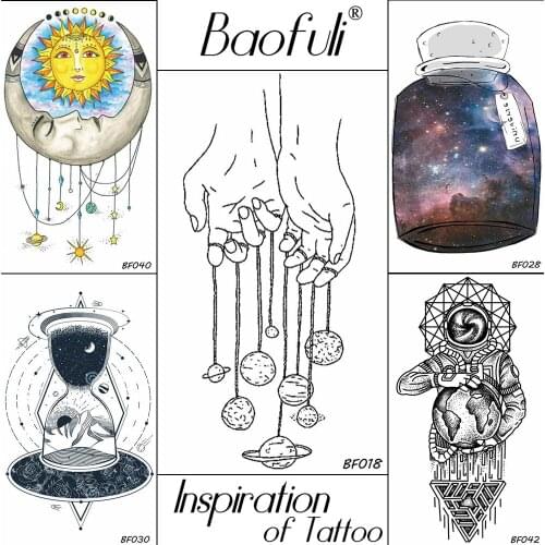 BAOFULI 25 Style DIY Temporary Men Universe Stars Tattoo Pendants Planet Body Art Transferable Tattoo Hands Black Tatoos Sticker