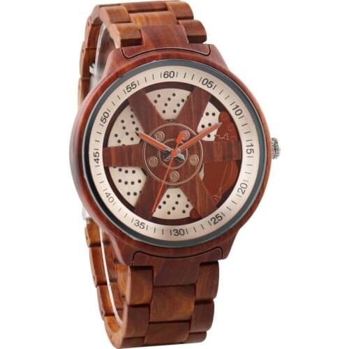 Mens Watch Unique Wheel Hub Precise Scale Design Red Wooden Watch Adjustable Wooden Band Watch Quartz Wristwatch Relojes Hombre