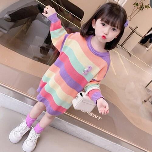 Kids Girl Long Sleeve Colorful Striped Knitting Dress New Fashion Autumn Princess Elegant Toddler Knitted Sweater Dress 1-7Yrs