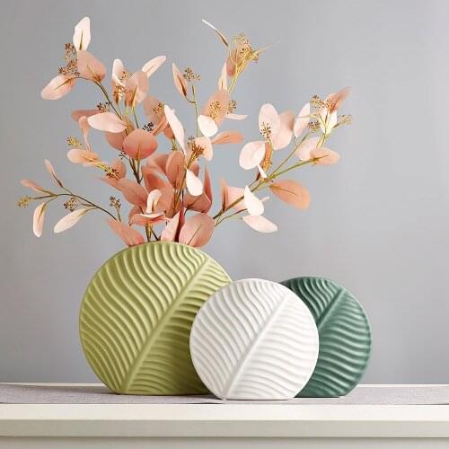Ceramic Round Flat Leaf Flower Vase Nordic Home Decoration Living Room Decoration Vase Decoration Household Office Decor Gifts