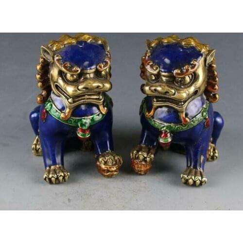 China Copper Cloisonne FengShui Guardian Evil Fu Foo Dogs Lions Pair
